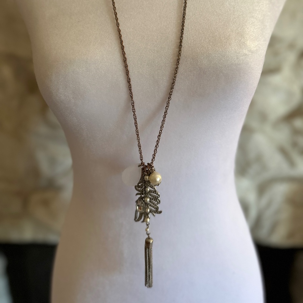Bohemian Style Long Silver Necklace with Feather, Pearl, Tassel, and White Stone